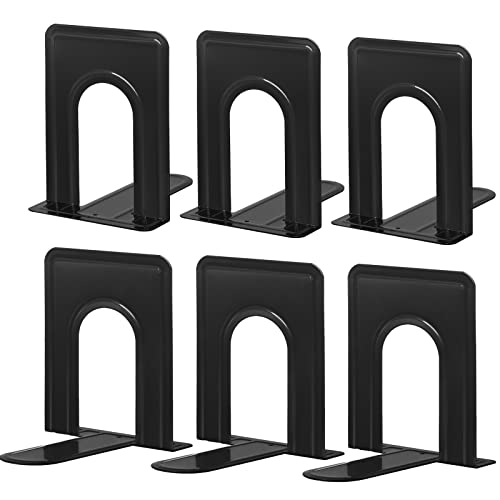 HappyHapi Bookends, Metal Bookend for Shelves, Non-Skid Book End to Hold Books, Black Book Stopper/Holder for Office Home Kitchen, 5.7X 4.9 X 6.5 in, 3 Pair(6 Pcs, Large)