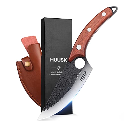 Huusk Viking Knives Hand Forged Boning Knife Full Tang Japanese Chef Knife with Sheath Butcher Meat Cleaver Japan Kitchen Knife for Home, Outdoor, Camping Thanksgiving Christmas Gift