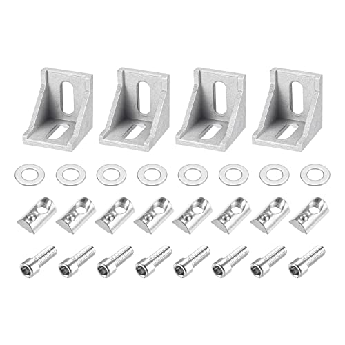 uxcell 4Set Inside Corner Bracket Gusset Kits, 38x38x35mm 4040 Angle Connector for European 4040 Series Aluminum Profile (Silver/ 8 x Roll-in Spring T Nuts & Hex Socket Bolts & Washers)