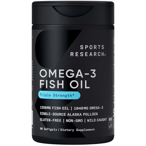 Sports Research Triple Strength Omega 3 Fish Oil - Burpless Fish Oil Supplement w/EPA & DHA Fatty Acids from Single-Source Wild Alaska Pollock - 1250 mg, 90 ct