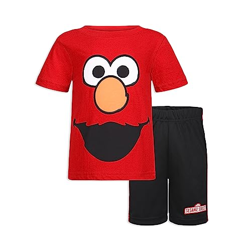 Sesame Street Boys’ Elmo and Cookie Monster Tee and Short Set for Infant and Toddler – Red/Blue