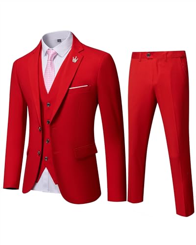 MYS Men's 3 Piece Slim Fit Suit Set, 2 Button Blazer Jacket Vest Pants with Tie, Solid Wedding Dress Tux and Trousers Red