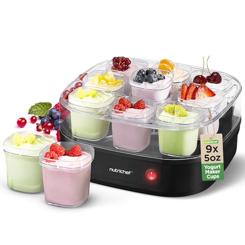 Nutrichef 9 Cup Automatic Yogurt Maker | Includes 9 - 5 oz Reusable Cups with Lids & Yogurt Rack for Instant Storage | Makes up to 45 OZ of Yogurt | Greek Yogurt Maker | Space Saving design | Black