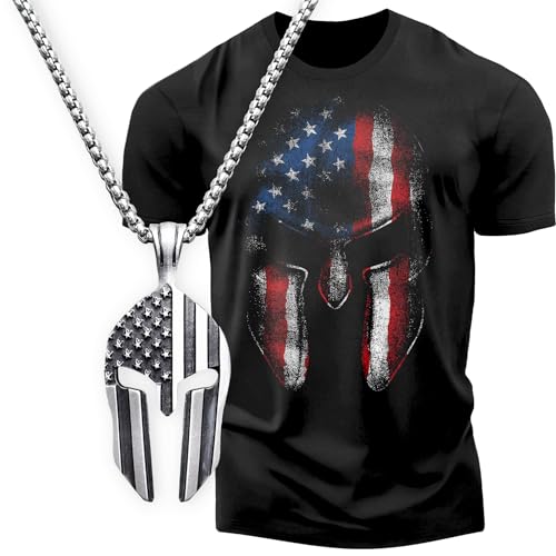 Gift Set for Men American Patriot Workout Gym Shirt with Spartan Warrior Pendant