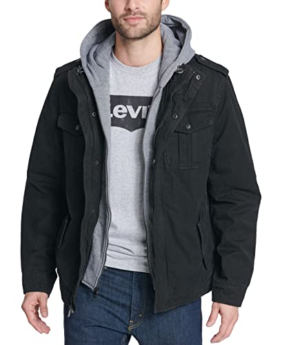 Levi's Men's Washed Cotton Military Jacket with Removable Hood (Standard and Big & Tall), Black, Medium