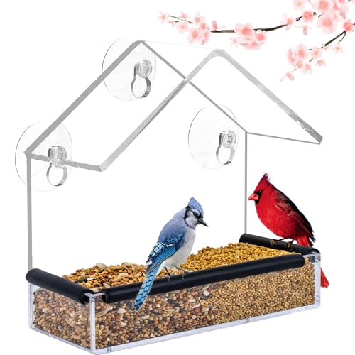 HATILP Window Bird Feeder for Outside Viewing - Clear Window Bird Feeders with Strong Suction Cup Acrylic Small Bird House with Rubber Strips Watching Gifts for Cats Elderly