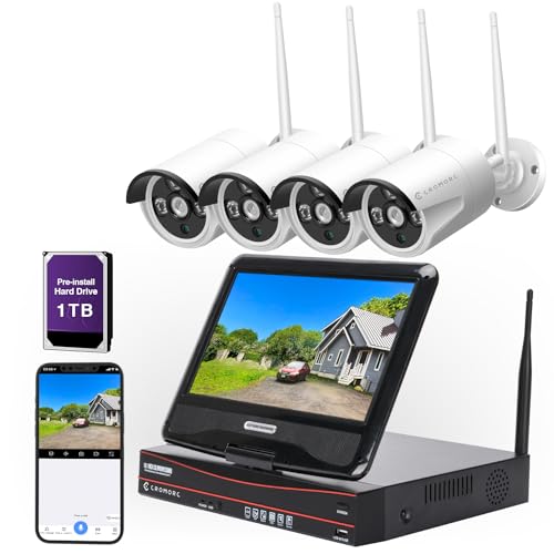 10CH Expandable Wireless Security Camera System with 10.1' Monitor 4pcs 3MP Indoor Outdoor Camera 1-Way Audio Night Vision Motion Detection Home Business CCTV Surveillance 1TB HDD