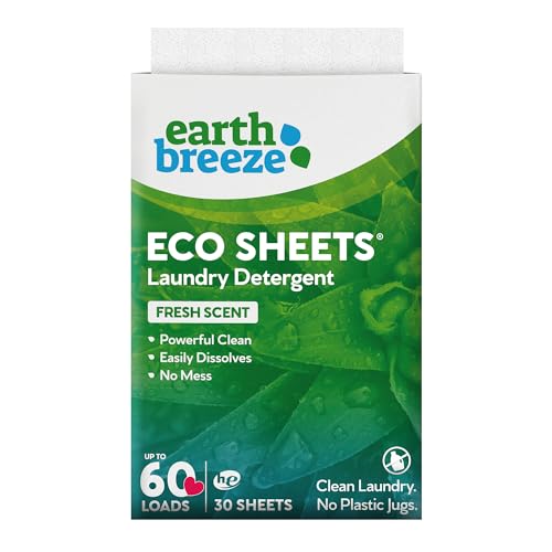 Earth Breeze Laundry Detergent Sheets - 30 Detergent Sheets - 60 Loads - Concentrated Liquidless Laundry Soap - No Plastic Jug - Fresh Scent