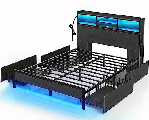 Rolanstar Queen Bed Frame with Storage Headboard, Metal Platform Charging Station, LED 4 Drawers, Bookcase Storage, No Box Spring Needed, Easy Assembly, Noise-Free, Black