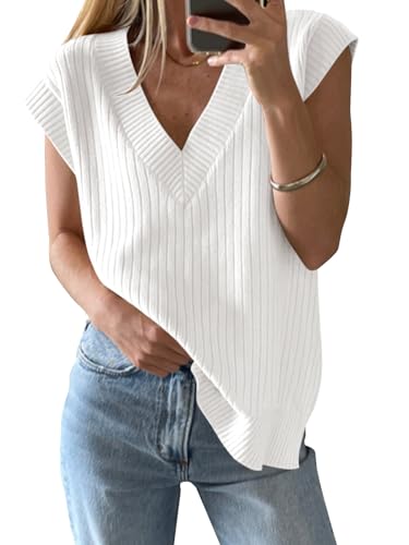 Saodimallsu Womens V Neck Sweater Vest Oversized Ribbed Knit Sleeveless Casual Loose Fit Pullover Tank Top White