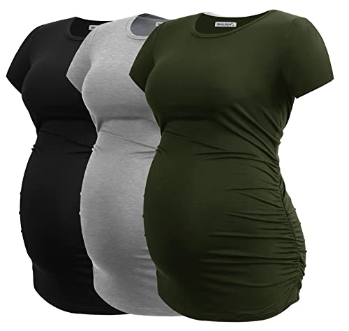Smallshow Women's Maternity Shirt Side Ruched Tunic Pregnancy Top Clothes 3-Pack Black/Light Grey/Army Green Medium