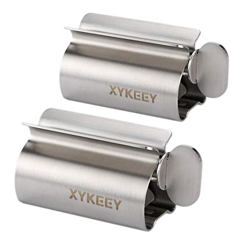 XYKEEY Set of 2 Toothpaste Squeezer Rollers, Metal Toothpaste Tube Wringer Seat Holder Stand (Stainless Steel)