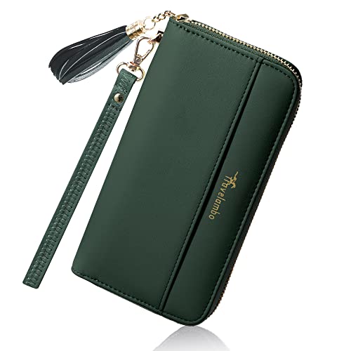 Travelambo Womens Wallet Tassel Bifold Ladies Clutch Wristlet Wrist strap Long Purse (Access Green Coal)