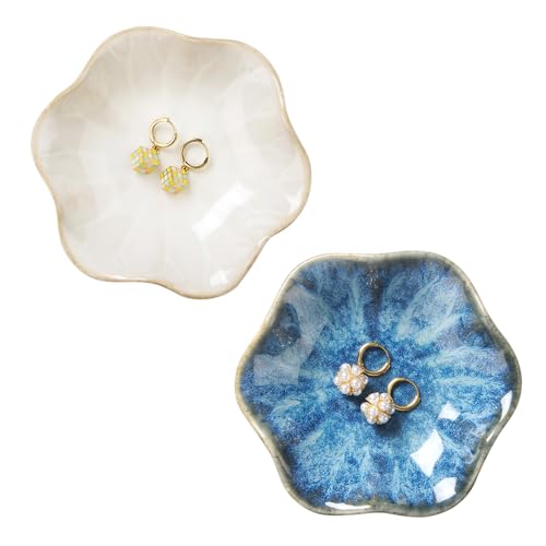 2PCS Lotus Leaf Shape Ring Holder Dish, Small Key Bowl, Ceramic Trinket Tray Jewelry Dish Organizing Necklace Earrings for Mom Friend Sister, All Jewelries Are NOT Included. White+Light Blue.