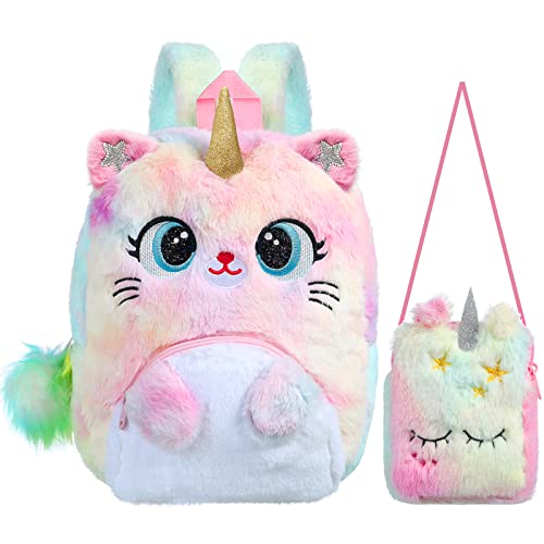 Waslary 2Pcs Unicorn Cat Backpack Purse Set, Kawaii Cute Colorful Kitty Shoulder Bag Gift for Toddler Girls Kids