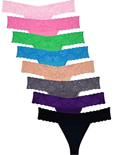 Sunm Boutique 8 Pack Lace Thongs for Women Thong Underwear Panties Low Waist (Multi, Large)