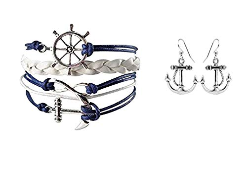 Infinity Collection - Nautical Anchor Charm Earrings & Bracelet for Women, Navy and White Anchor Braided Bracelet - Weaved Leather Rope with Ship Wheel, Infinity, and Anchor Charm Bracelet