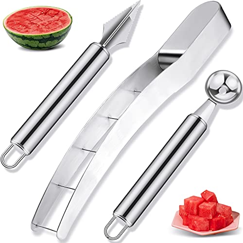3 Pieces Watermelon Cutter Slicer Tools Stainless Steel Watermelon Cube Cutter Quickly Safe Watermelon Knife Fruit Digging Spoon Fruit Carving Tools for Kitchen Gadget