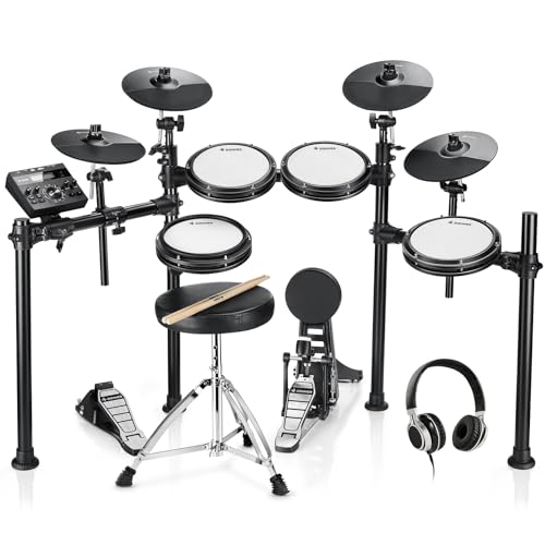 Donner DED-200X Electronic Drum Set, Electric Drum Kit with Quiet Mesh Drum Pads, 2 Cymbals w/Choke, 31 Kits and 450+ Sounds, Throne, Headphones, Sticks, USB MIDI, Melodics Lessons (5 Pads, 4 Cymbals)