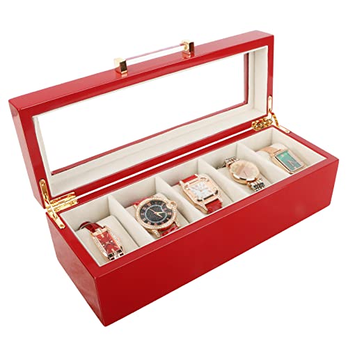 SANZIE Wooden Watch Box for 5 Sets Watches Display Case Luxury Watches Organizer for Gentlemen. 11IN*3.9IN*3.5IN (Red)