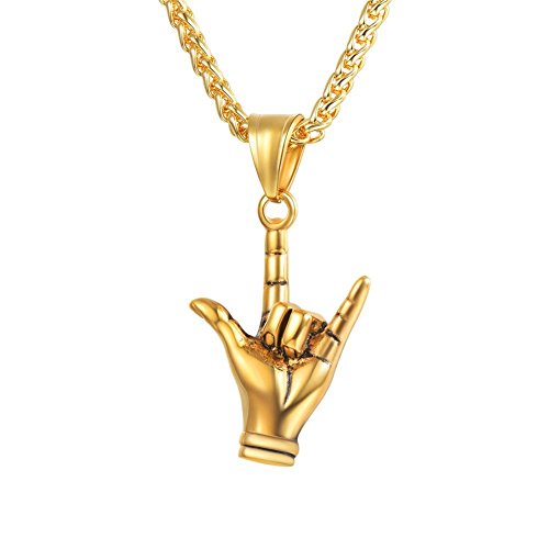 U7 ILY Necklace 18K Gold Punk Rock Hip Hop Hand Gesture Pendant Necklace for Men
