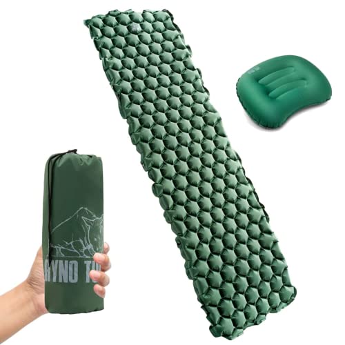 Ryno Tuff 24 x 75 in Lightweight Inflatable Camping Sleeping Pad & Camping Pillow Set - Ultralight Insulated Nylon Hiking & Backpacking Travel Gear for Adults - Waterproof Packable Floor Sleeping Mat