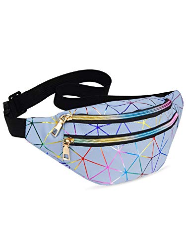LIVACASA Holographic Fanny Packs for Women Waterproof Waist Packs Shiny with Adjustable Belt Diamond Lattice Pattern for Party Festival Trip