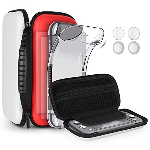 GeeRic 8PCS Case Compatible with Switch Lite, Carrying Case Accessories Kit, 1 Soft Silicon Case + 2 Screen Protector + 4 Thumb Caps + 1 Storage Carrying Red+White