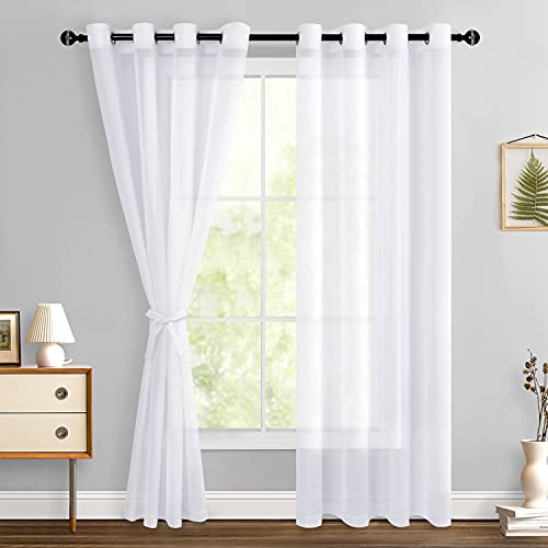 Hiasan White Sheer Curtains 84 Inches Long with Tiebacks, Light Filtering Semi Transparent Lightweight Voile Grommet Window Curtains for Bedroom, Living Room, W52 x L84, Set of 2 Drape Panels