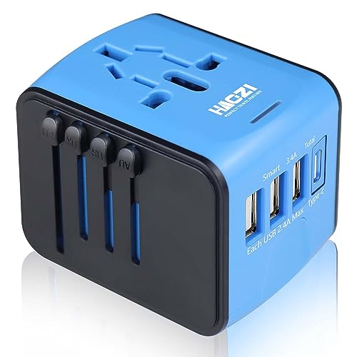 European Travel Plug Adapter HAOZI Universal Travel Adapter - 3 USB + 1 Type C in One Travel Charger with UK/US/AUS/EU Plugs and Socket, International Power Adapter Wall Charger (Type-c Blue)