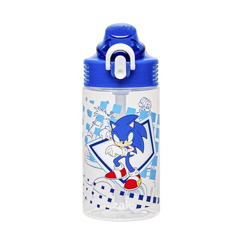 Zak Designs Sage Sonic the Hedgehog Water Bottle For School or Travel, 16oz Durable Plastic Water Bottle With Straw, Handle, and Leak-Proof, Pop-Up Spout Cover (Sonic, Eggman)