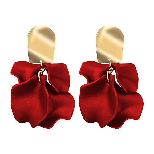 Konikit Short Acrylic Rose Petal Earrings Dangle Exaggerated Flower Earrings Drop Statement Floral Tassel Earrings for Women and Girls(Short Petal Earrings Red)
