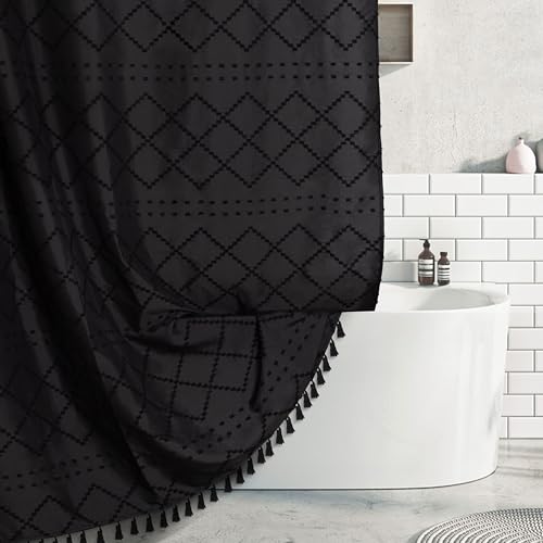 Siiluminisoy Boho Black Textured Shower Curtain with Tassels 72 x 72 Tufted Chevron Striped Chenille Woven Fabric Cloth Shower Curtain Modern Farmhouse Minimalist, Shabby Chic Home Decor for Bathroom