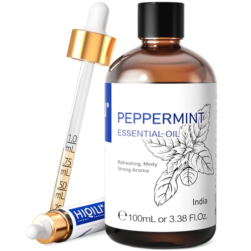 HIQILI Peppermint Essential Oil 3.38 Fl oz - 100% Pure Natural, Premium Therapeutic Grade with Glass Dropper for Air Freshening, Cleaning, Home, Garden, Indoor, Outdoor, Skin, Hair, Diffuser