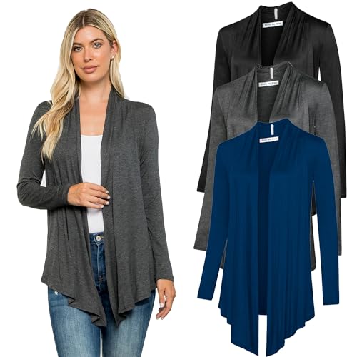 Free to Live 3 Pack Long Sleeve Cardigan for Women Open Front Dressy Casual Lightweight Sweaters (XL, Black, Charcoal, Navy)