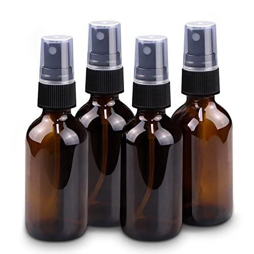 Wedama Mini Spray Bottles 2 oz, Amber Glass Spray Bottles, Empty Small Spray Bottles with Funnel Dropper, Fine Mist for Hair, Travel, Plants, Cleaning Solutions and Skin Care (4 Pack)