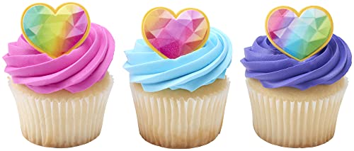 DECOPAC Rainbow Prism Heart Cupcake Rings, Cake Toppers, Multicolored Food Safe Decorations For Parties– 24 Pack