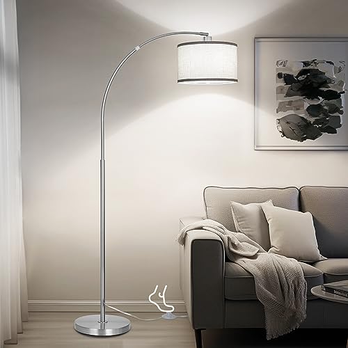 DWTB Arc Floor Lamp for Living Room, Silver Modern Standing Lamp with Adjustable Head Tall Pole Lamp with On/Off Pedal Switch, Over Couch Arched Tall Standing Light for Reading Bedroom