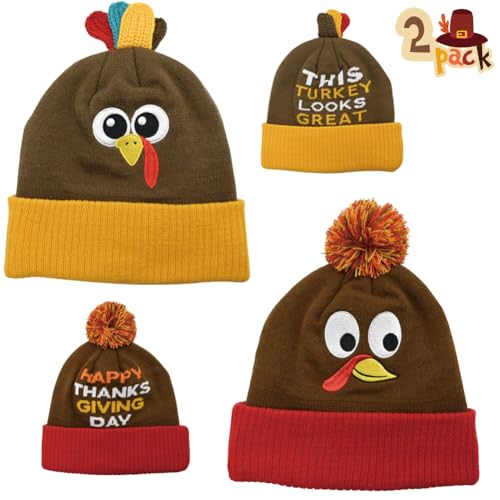 SIANKO 2PCS Thanksgiving Beanie Turkey Hat, Turkey Knitted Cap for Thanksgiving Night Event, Dress up Party, Thanksgiving Decoration, Cosplay, Runners Running Hats