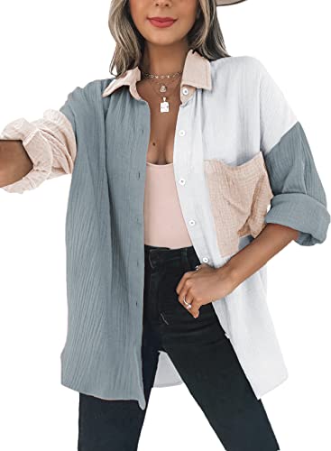 Dokotoo Women's Cute Spring Button Down Lightweight Soft V Neck Collared Long Sleeve Shirts for Women Casual Loose Fashion Summer Blouses Tops with Pockets Grey M