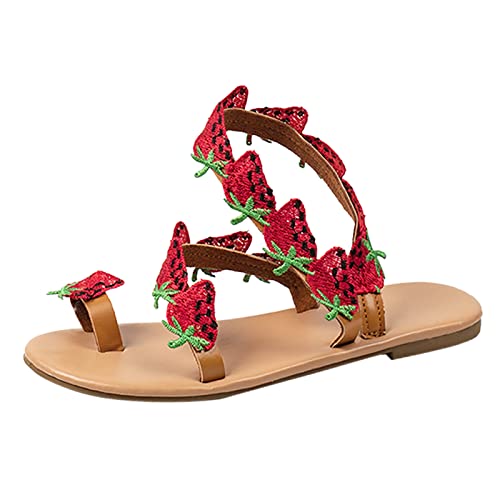 DXYDSC Women Summer Strawberry Decoration Flock Slip On Casual Open Toe Flat Soft Bottom Rhinestone Slide Sandals (Red, 7.5)