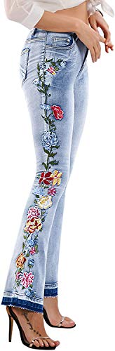 CHARTOU Womens Chic Floral Embroidered High-Rise Bell Bottom Flare Jeans Broad Feet Long Denim Pants (Blue4, Large)