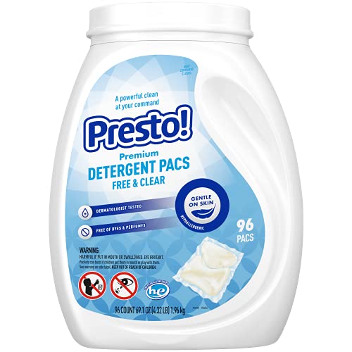 Amazon Brand - Presto! Laundry Detergent Pacs, Hypoallergenic, Free & Clear, 96 Count