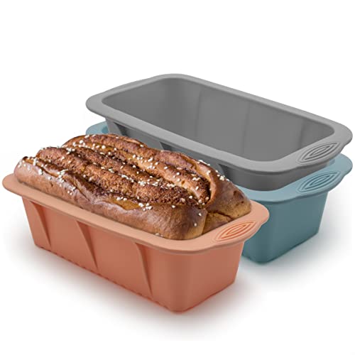 Baocuan 3 pack Silicone Bread Loaf Pans - Baking Mold For Baking Cakes,Brownies,Long loaf of bread Cheesecakes,Homemade Cakes Breads,Meatloaf,Ice brickand and More Set of 3 colors