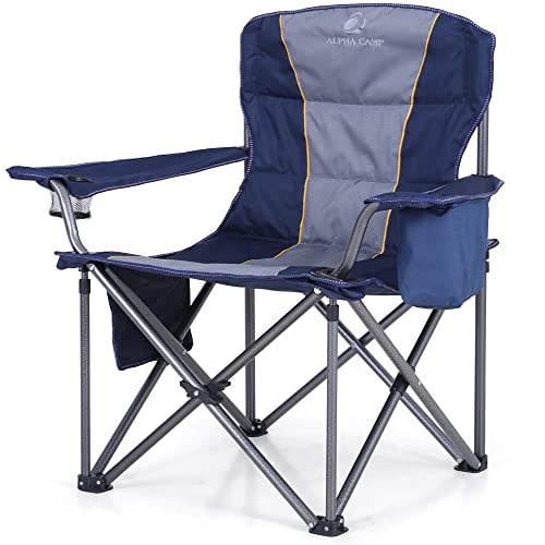 ALPHA CAMP Oversized Camping Folding Chair Heavy Duty with Cooler Bag Support 450 LBS Steel Frame Collapsible Padded Arm Quad Lumbar Back Chair Portable for Lawn Outdoor,Blue