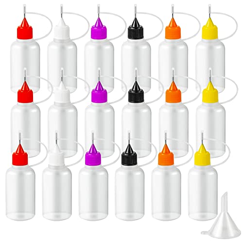 YEAJOIN 18PCS Precision Needle Tip Glue Applicator Bottles, 6 Color 30ML/1 OZ Fine Needle Tip Squeeze Bottle with Mini Funnel for DIY Paint Paper Quilling Craft Glue Ink Liquid Acrylic Painting