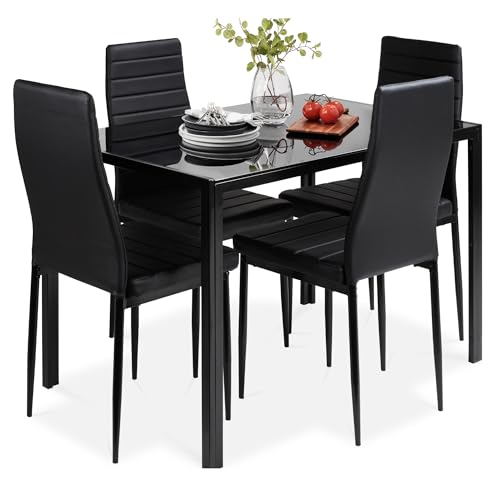 Best Choice Products 5-Piece Glass Dining Set, Modern Kitchen Table Furniture for Dining Room, Dinette, Compact Space-Saving w/Glass Tabletop, 4 Upholstered PU Chairs, Metal Steel Frame - Black