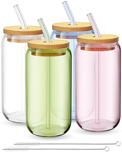 fullstar Tumblers with Lids - Drinking Glasses, Iced Coffee Cups with Bamboo Lids (4 Pack, Multicolor, No Sleeves)
