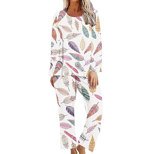 ZDRZK prime of day deals today 2023 Loungewear For Women Casual Comfy Lounge Pants Pjs Long Set Nightwear Round Neck Long Sleeve Printed Pajamas Sets womens loungewear set Hot Pink S