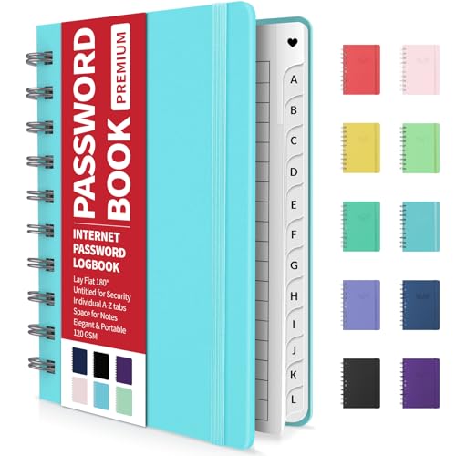Forvencer Password Book with Individual Alphabetical Tabs, 4'x5.5' Small Password Notebook, Spiral Password Keeper, Internet Address and Password Organizer, Password Logbook for Home Office, Sky Blue